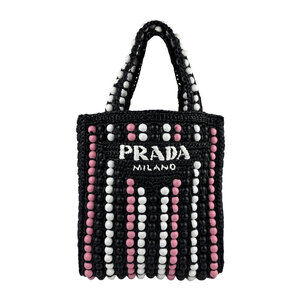 Prada handbag tote bag raffia wood black white pink